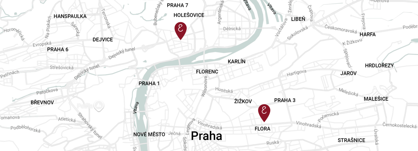 Mapa poboček Erhartovy cukrárny na Letné a Vinohradech